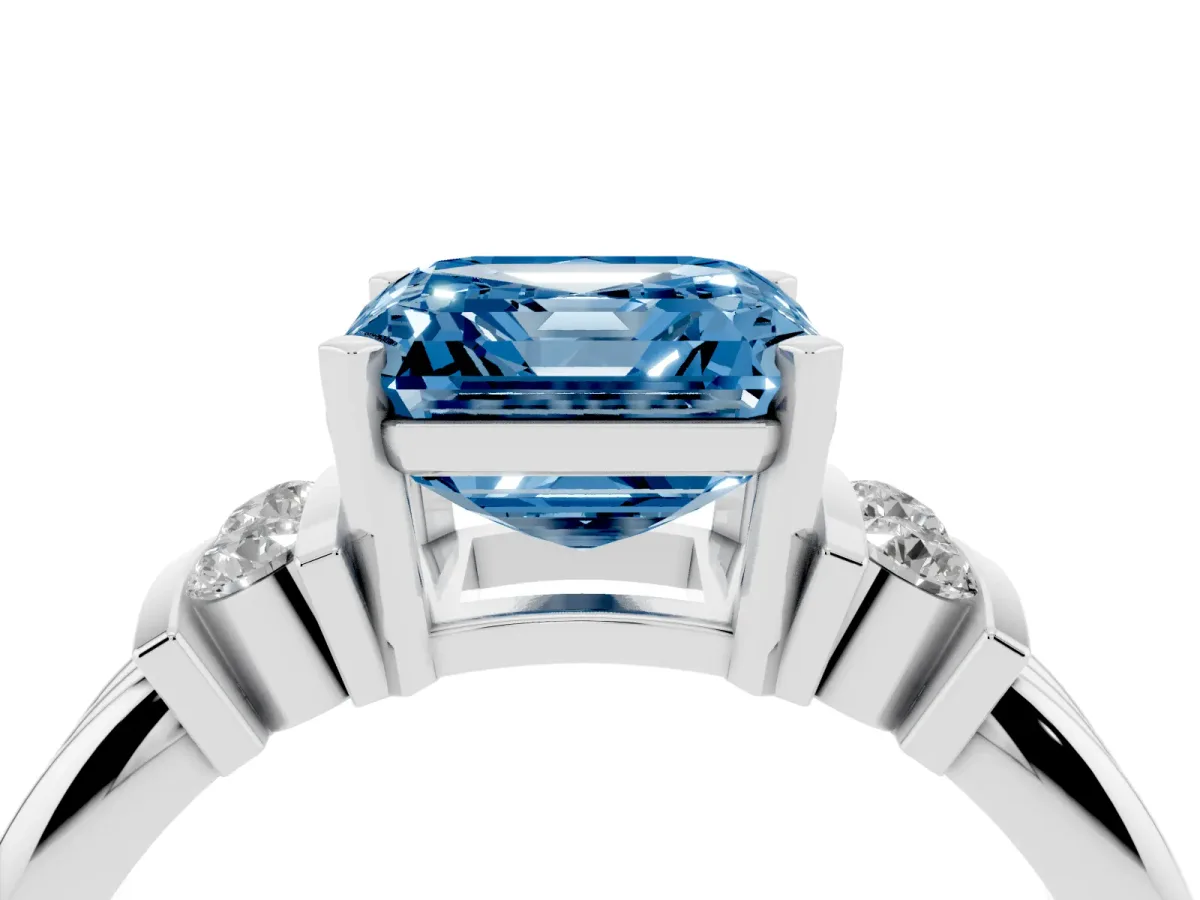 Fancy Blue Asscher Cut Cut Three-Stone Channel Set Ring with Bar Prongs Silver