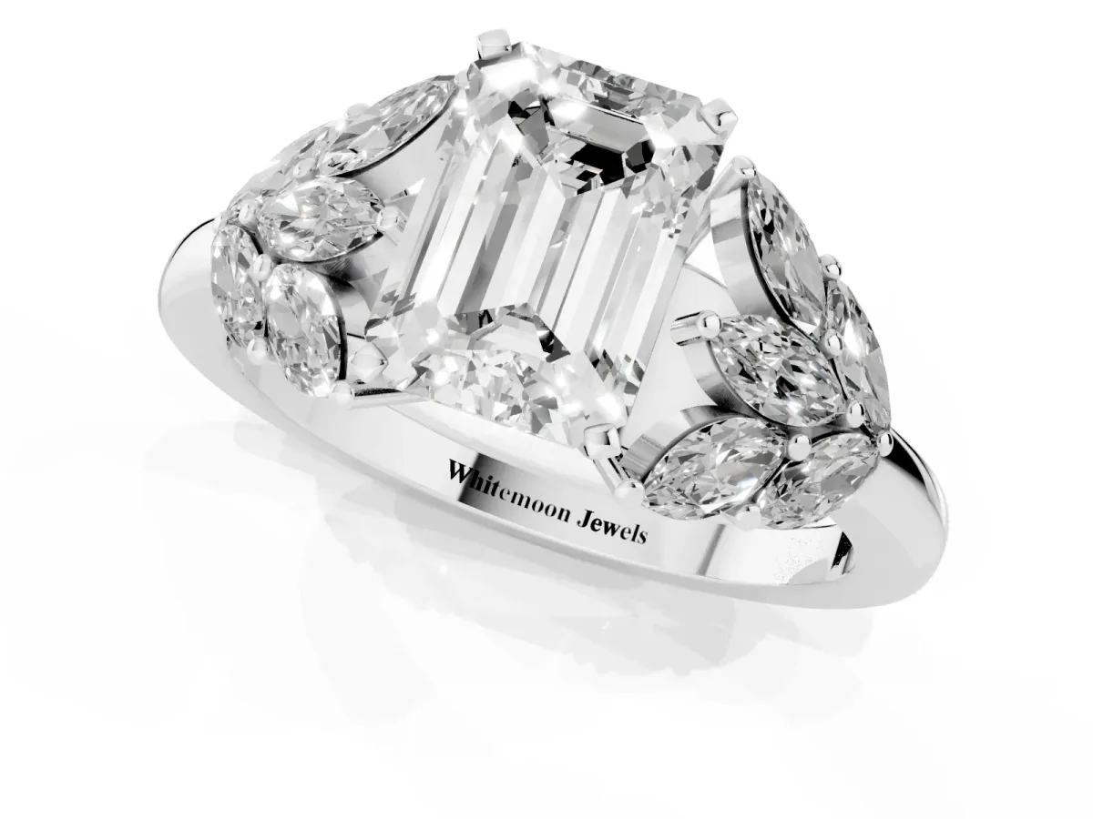 Emerald Cut Diamond Cluster Leaf Design Ring with Prong Setting White gold