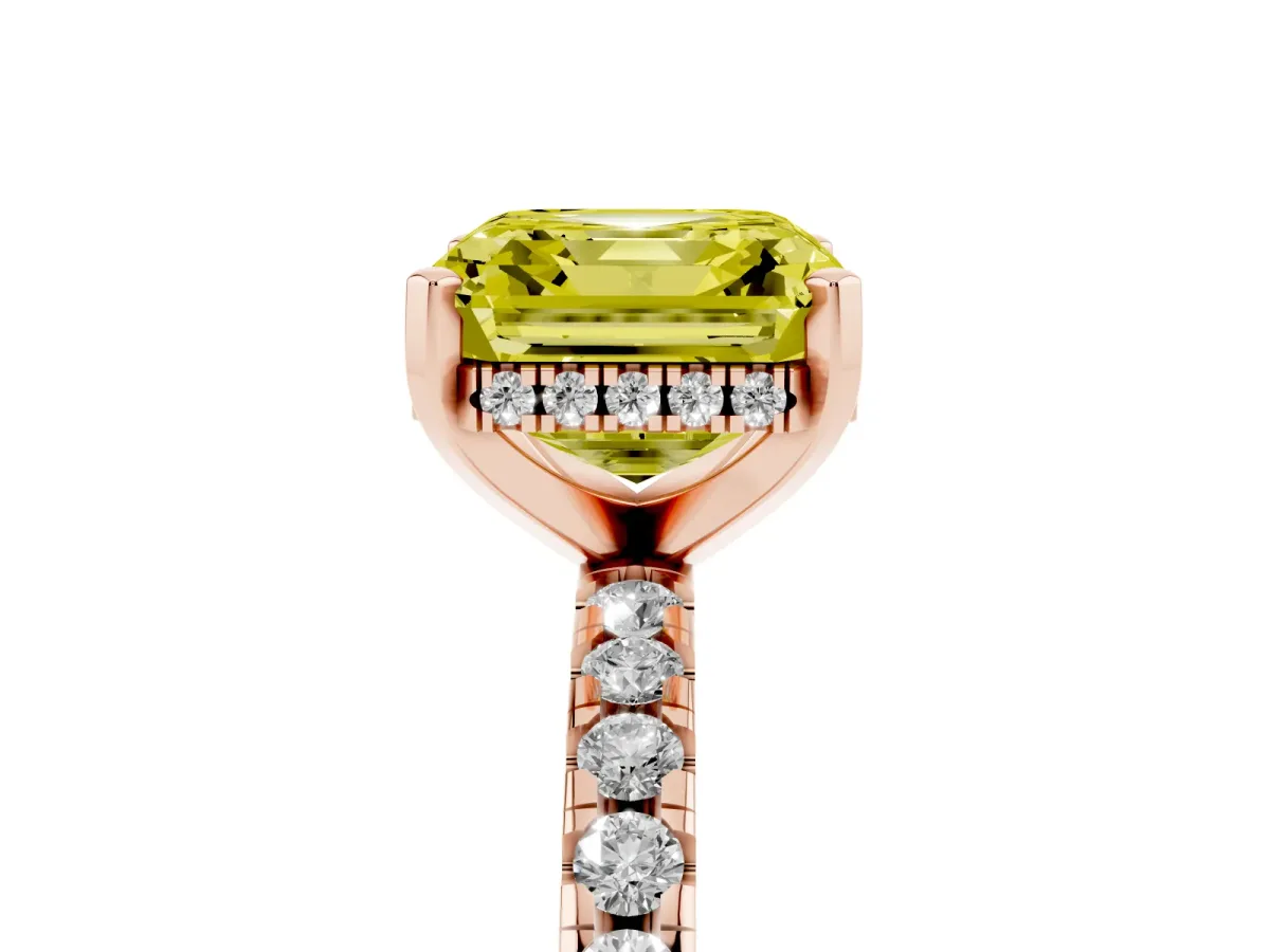 Fancy Yellow Asscher Cut Diamond Solitaire Ring with Round Pavé Band and Four-Prong Setting Rose gold