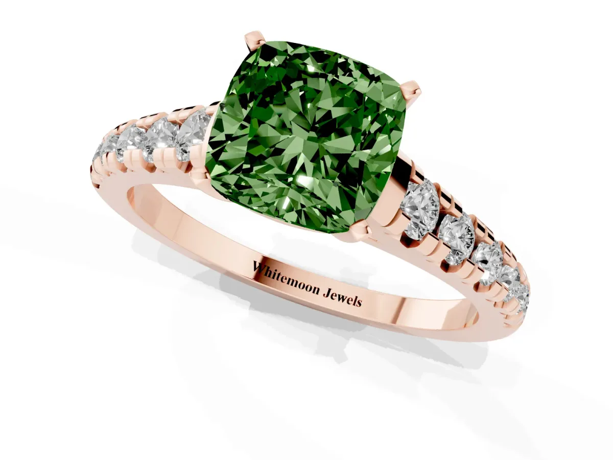 Fancy Green Cushion Cut Diamond Cathedral Solitaire Ring with Round Pavé Band Rose gold