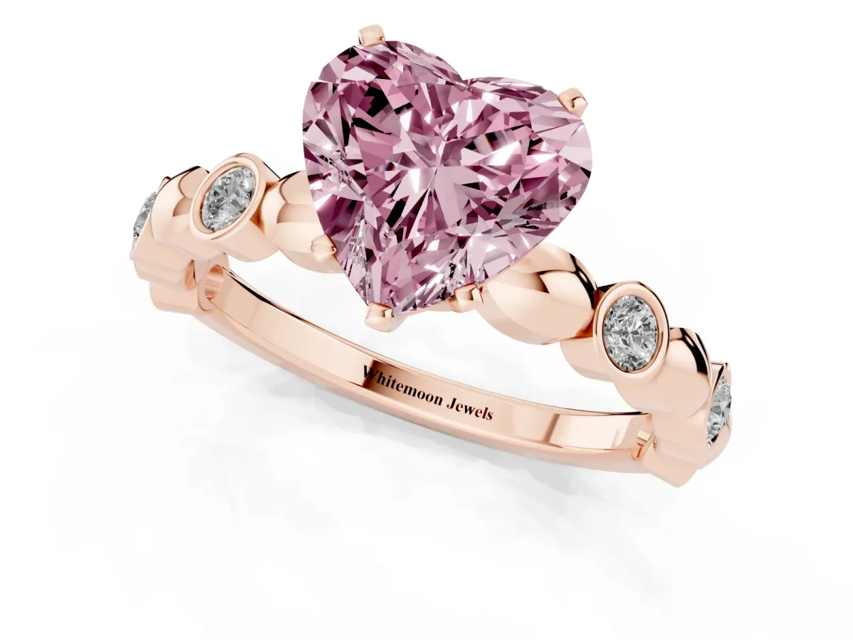 Fancy Pink Heart Cut Solitaire Bezel-Set Diamond Ring with Beaded Band and Four-Prong Setting Rose gold