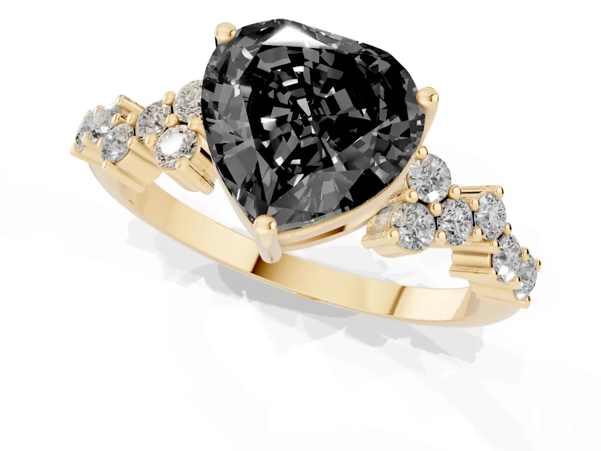 Fancy Black Heart Cut Diamond Scattered Round Accent Ring with Prong Setting Yellow gold