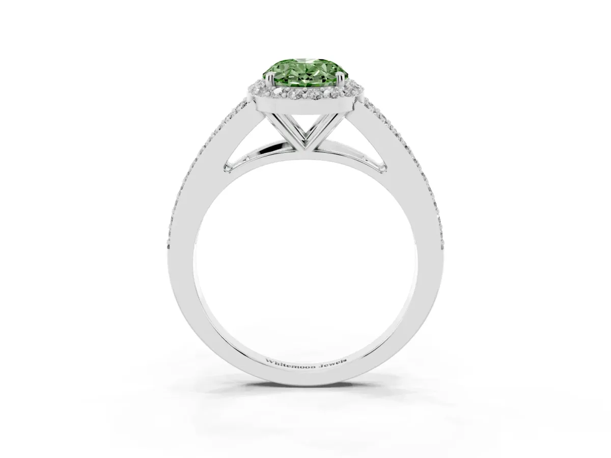 Fancy Green Oval Cut Halo Split Shank Pave Diamond Ring with Four-Prong Setting White gold
