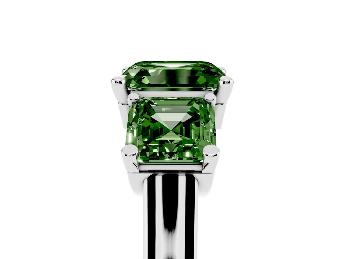 Fancy Green Three-Stone Asscher Cut Brilliant Diamond Trellis Ring with Comfort Fit Band Silver