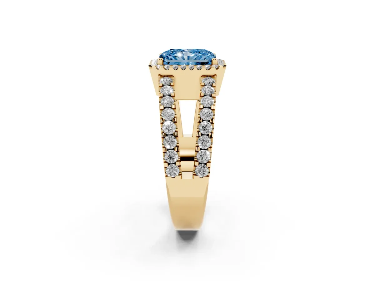 Fancy Blue Radiant Cut Cut Halo Split Shank Diamond Ring with Four-Prong Setting Yellow gold
