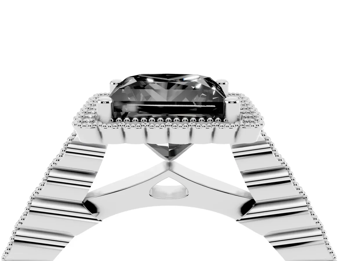 Fancy Black Princess Cut Cut Halo Pavé Solitaire Ring with Milgrain Band Silver