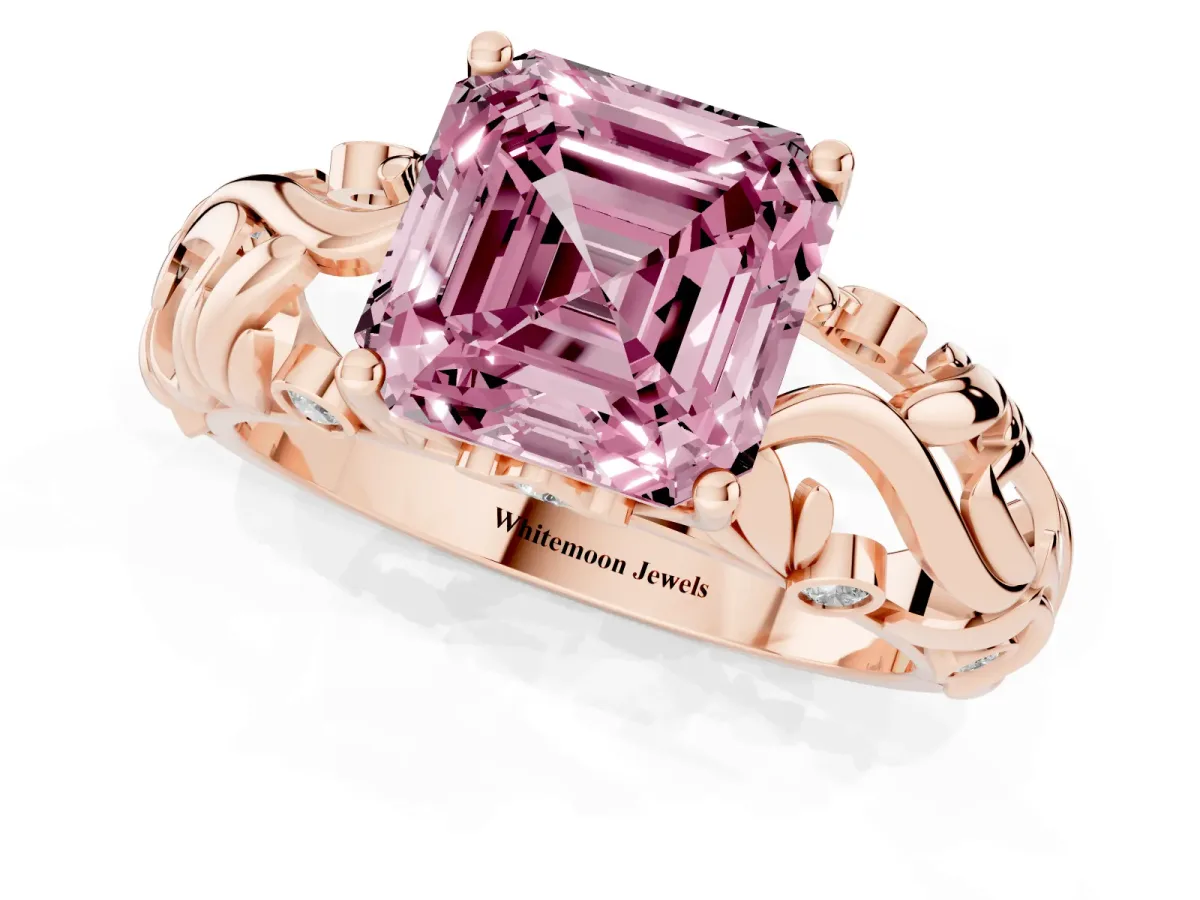 Fancy Pink Asscher Cut Solitaire Diamond Leaf-Inspired Vine Band Ring with Prong Setting Rose gold
