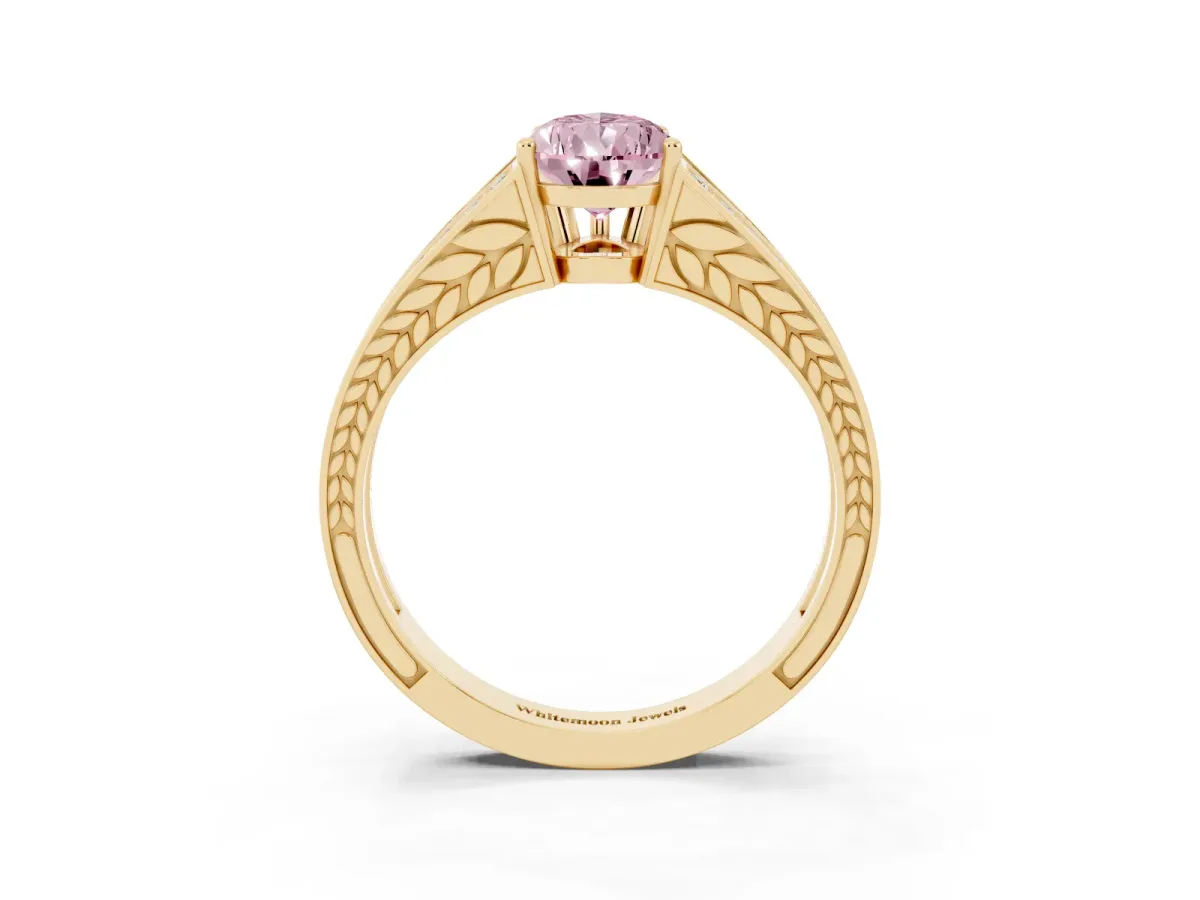 Fancy Pink Pear Cut Diamond Split Shank Ring with Pavé Band and Four-Prong Setting Yellow gold