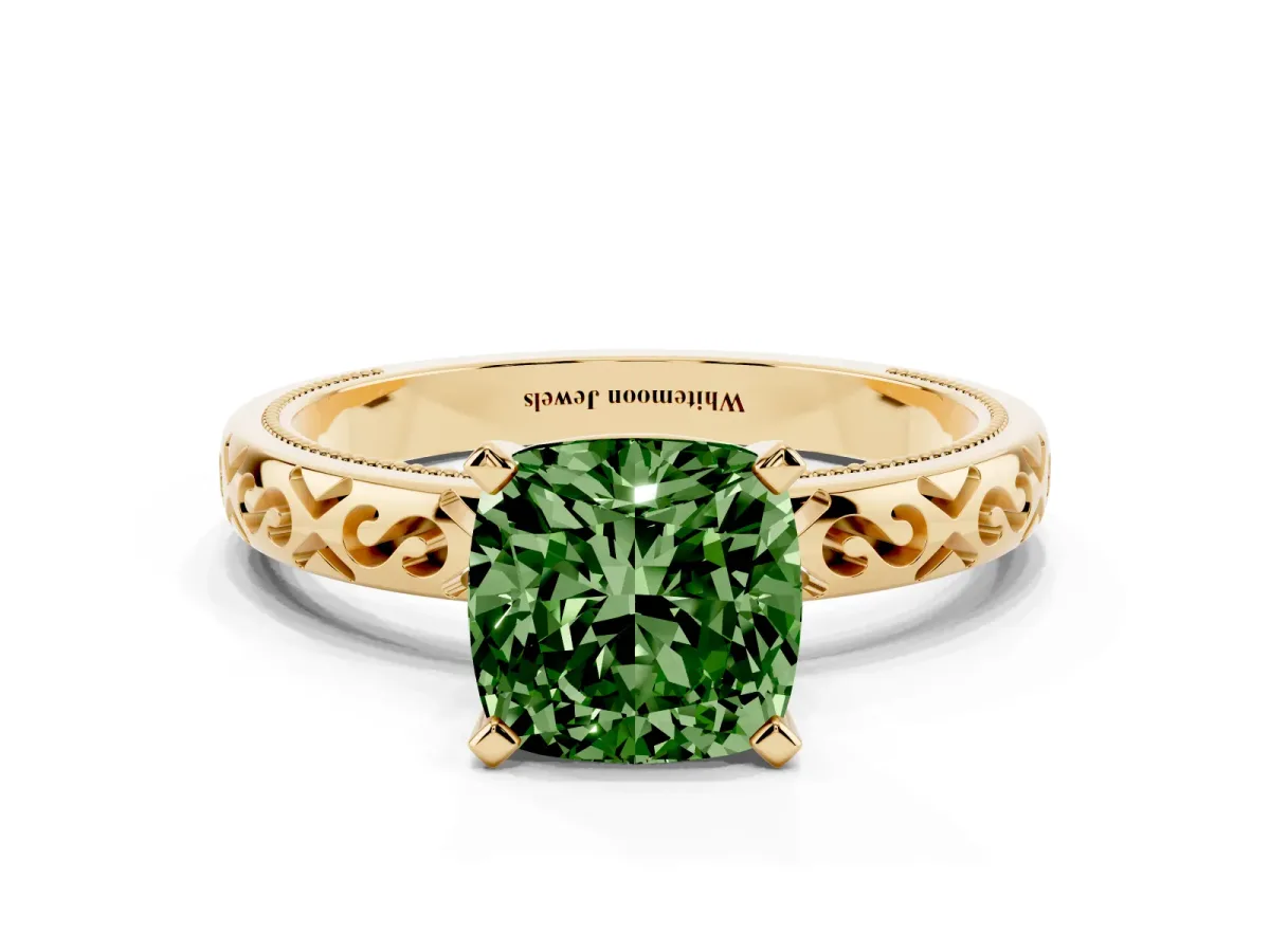Fancy Green Cushion Cut Solitaire Engagement Ring with Scrollwork Band and Four-Prong Setting Yellow gold