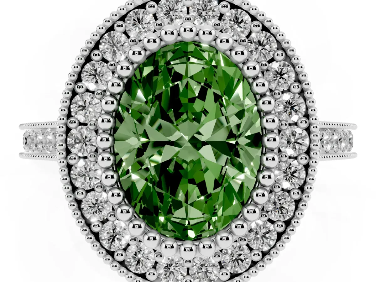 Fancy Green Oval Cut Diamond Halo Ring with Milgrain Frame and Pavé Band Platinum