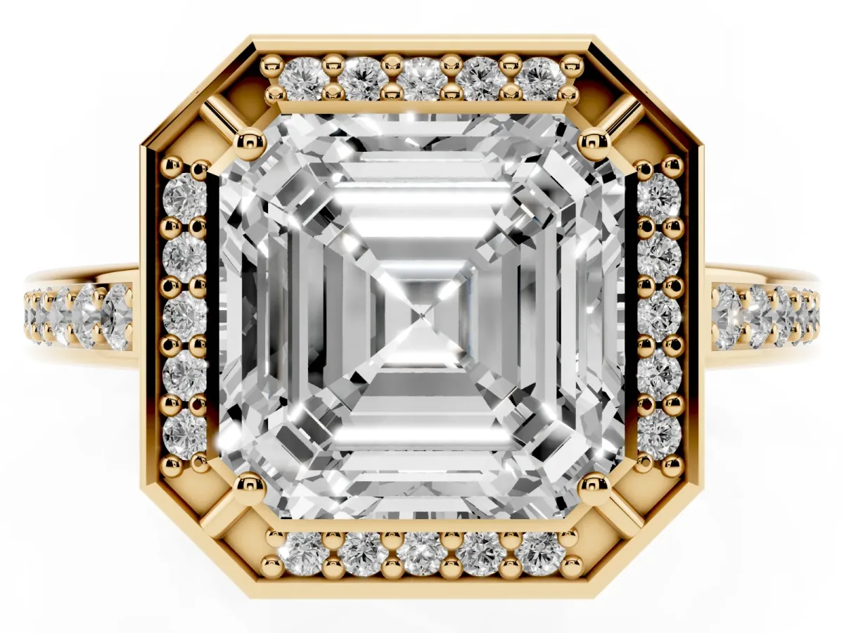 Asscher Cut Cut Halo Pave Split Shank Prong Setting Ring Yellow gold
