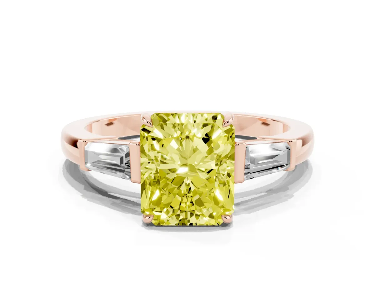 Fancy Yellow Radiant Cut Diamond Three-Stone Ring with Tapered Baguette Side Stones and Prong Setting Rose gold
