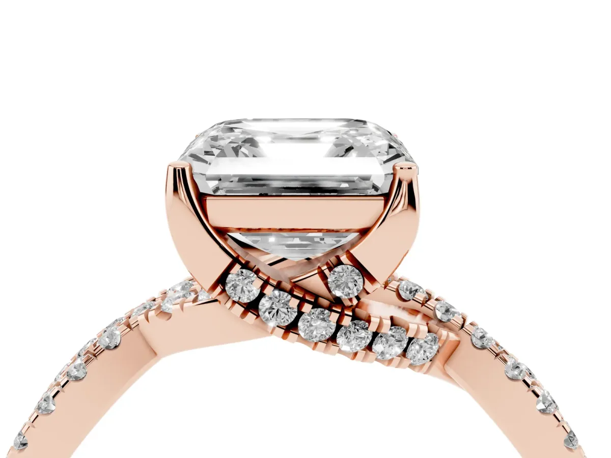 Asscher Cut Solitaire Twist Pave Diamond Engagement Ring with Prong Setting Rose gold