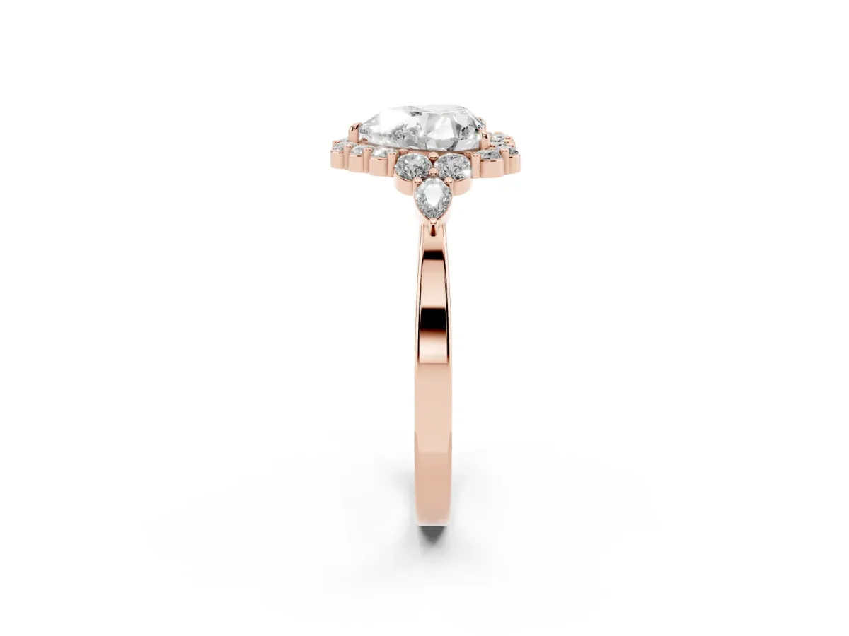 Heart Cut Diamond Halo Ring with Pear Side Stones and Prong Setting Rose gold