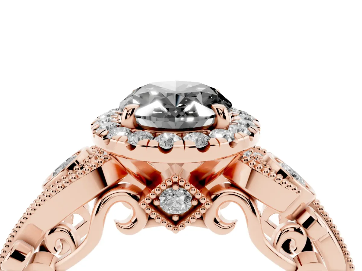 Fancy Black Oval Cut Halo Diamond Ring with Milgrain and Bezel Accents on a Split Shank Band Rose gold