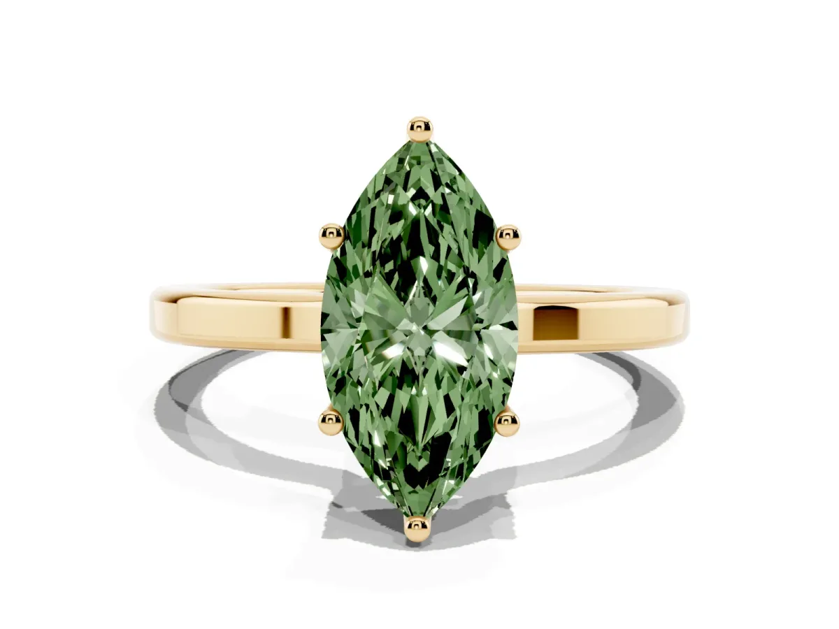 Fancy Green Marquise Cut Cut Solitaire Engagement Ring with Four-Prong Setting on a Classic Band Yellow gold