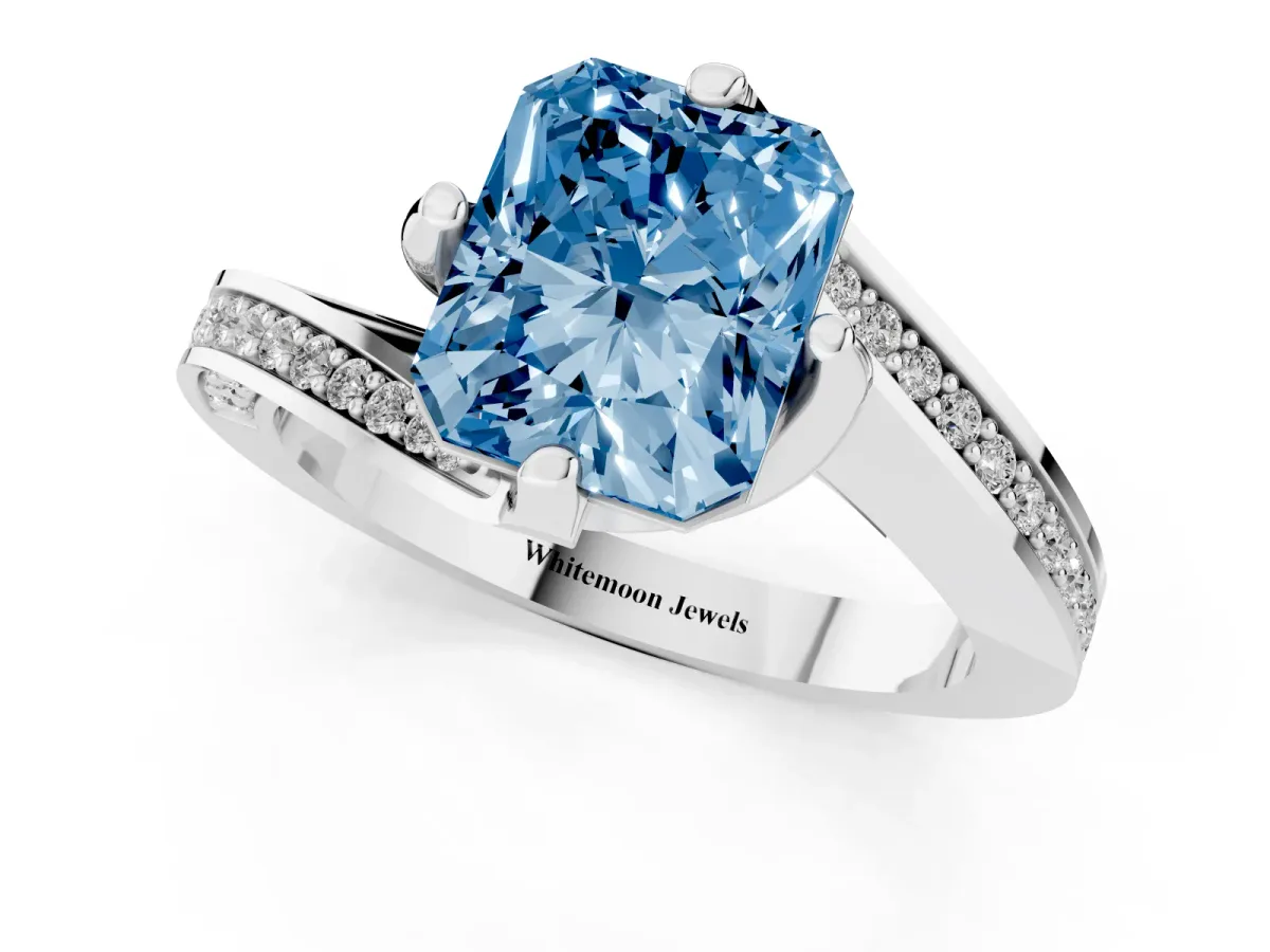 Fancy Blue Radiant Cut Solitaire Diamond Twist Band with Pavé Setting and Four-Prong Setting Silver