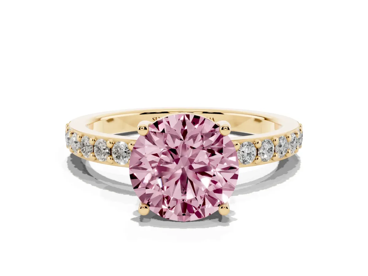 Fancy Pink Round Cut Cut Diamond Solitaire with Pave Band and Four-Prong Setting Yellow gold