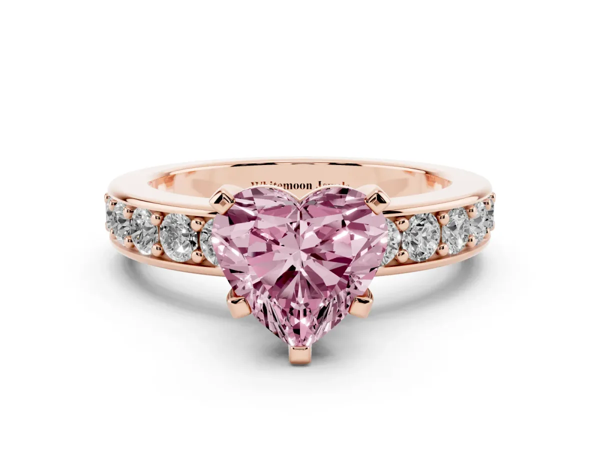 Fancy Pink Heart Cut Diamond Engagement Ring with Channel Set Round Band and Prong Setting Rose gold