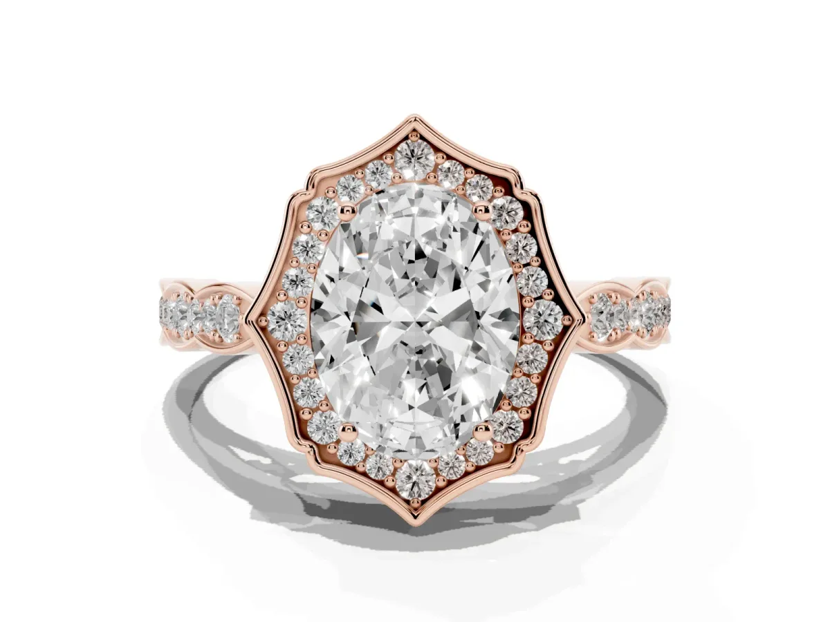 Oval Cut Halo Diamond Engagement Ring with Milgrain Band and Four-Prong Setting Rose gold