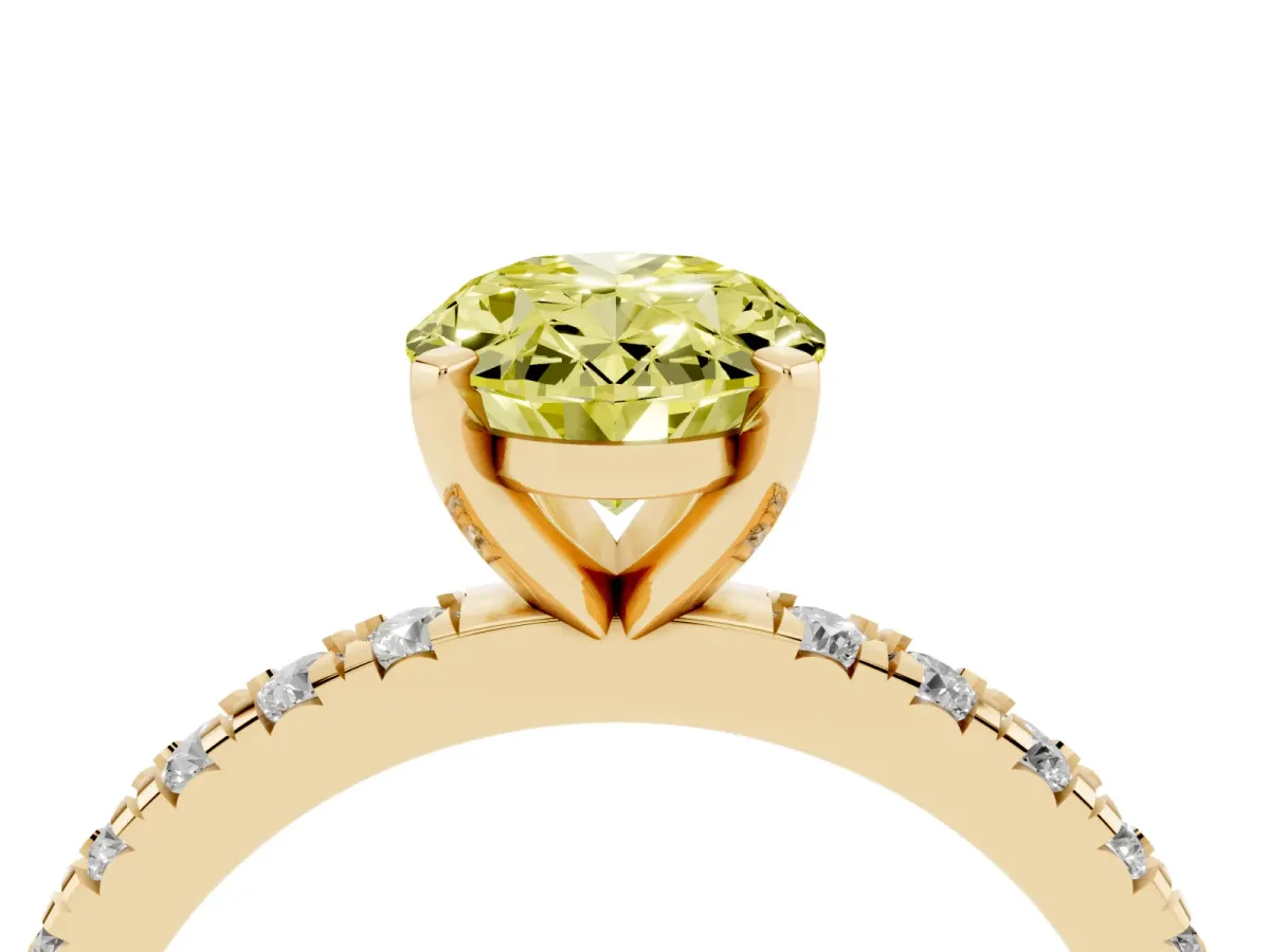 Fancy Yellow Oval Cut Diamond Pavé Band Solitaire with Four-Prong Setting Yellow gold