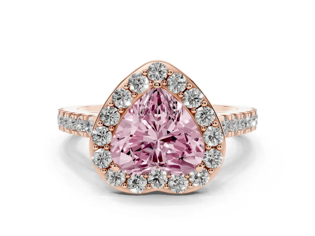 Fancy Pink Heart Cut Diamond Halo Ring with Round Pavé Split Shank and Prong Setting Rose gold