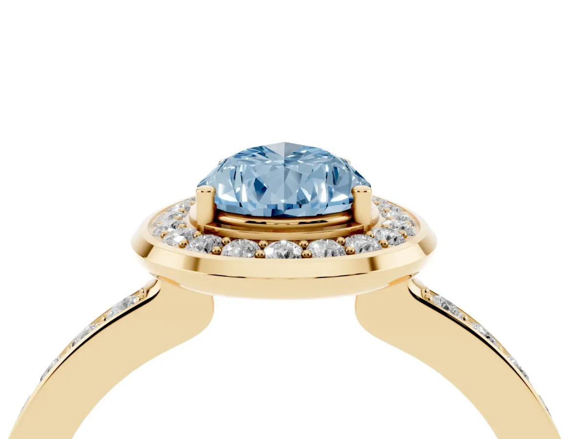 Fancy Blue Pear Cut Diamond Halo Ring with Bezel Frame and Pavé Band Yellow gold