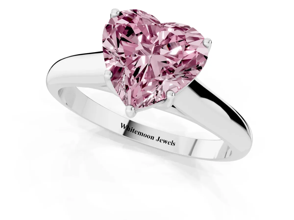 Fancy Pink Heart Cut Cut Diamond Solitaire Engagement Ring with Tapered Plain Band and Four-Prong Setting Platinum