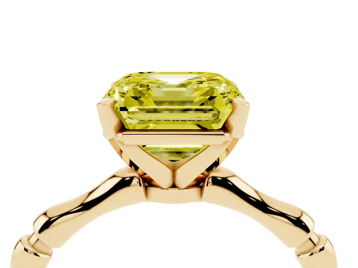 Fancy Yellow Asscher Cut Solitaire Diamond Ring with Bamboo Band and Four-Prong Setting Yellow gold