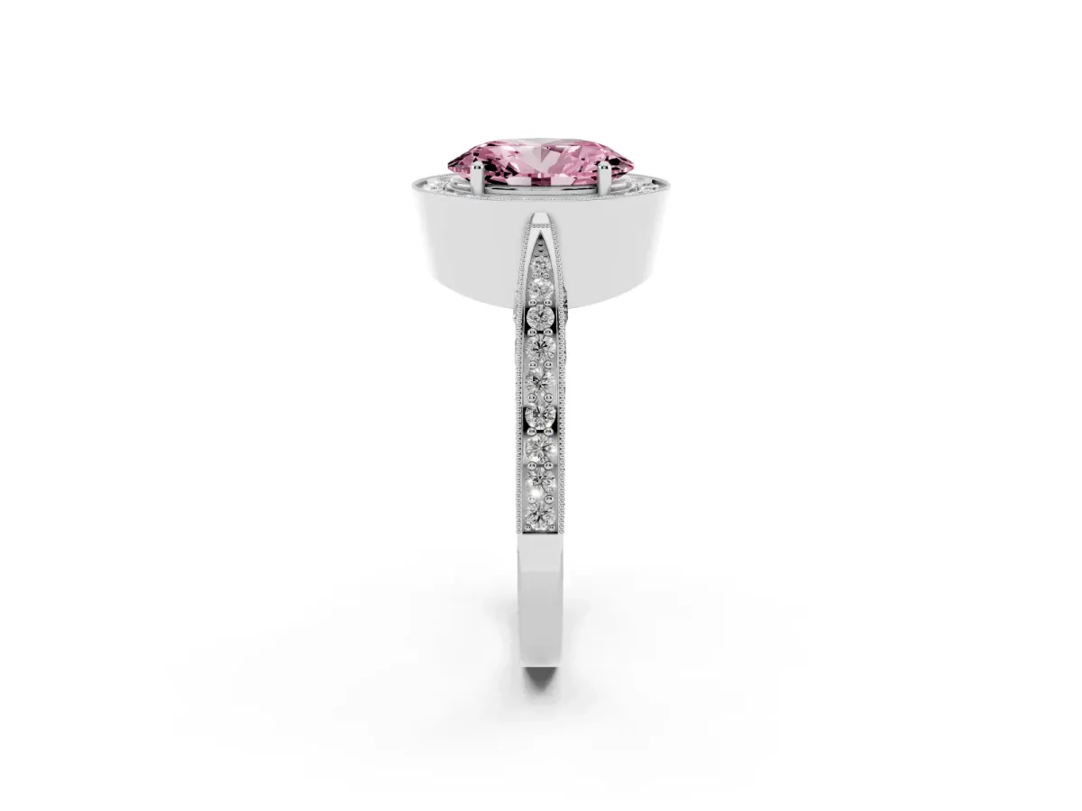 Fancy Pink Oval Cut Halo Diamond Engagement Ring with Split Shank Band and Four-Prong Setting Silver