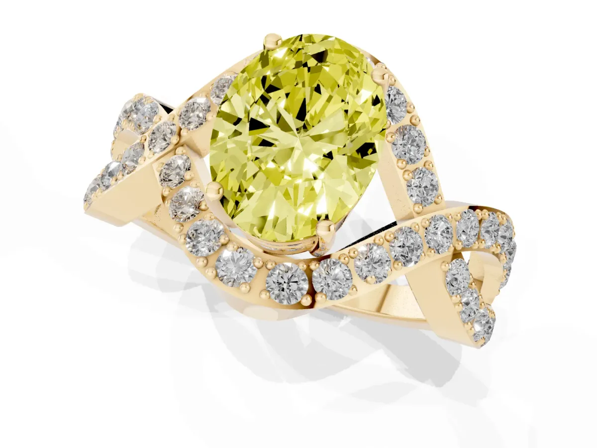 Fancy Yellow Oval Cut Solitaire Twist Band Pavé Diamond Engagement Ring Yellow gold