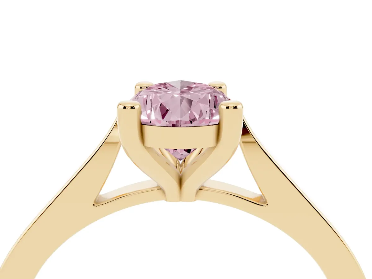 Fancy Pink Pear Cut Solitaire Diamond Ring with Four-Prong Setting and Tapered Band Yellow gold