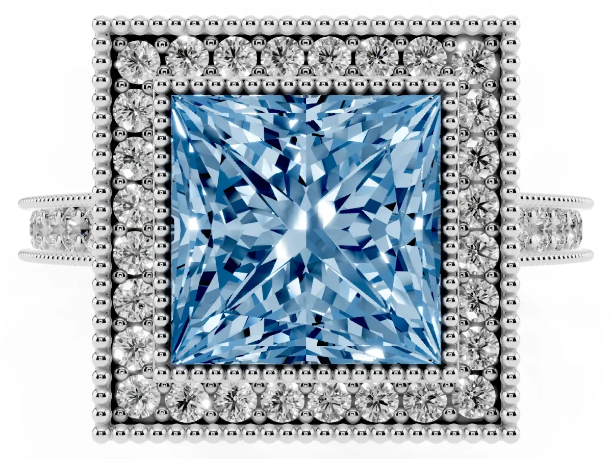 Fancy Blue Halo Princess Cut-Cut Diamond Pave Band Milgrain Prong Setting Ring Silver