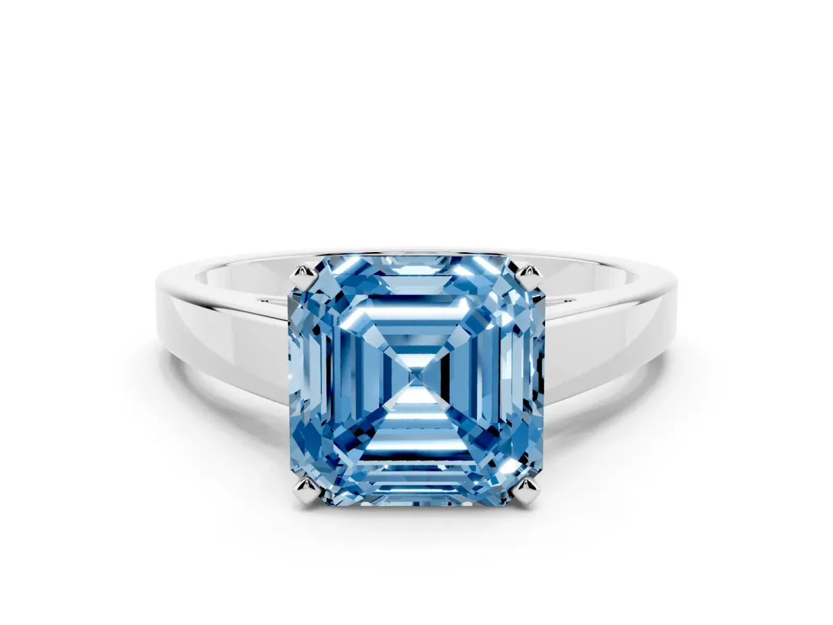 Fancy Blue Asscher Cut Solitaire Engagement Ring with Four-Prong Setting and Tapered Band Silver