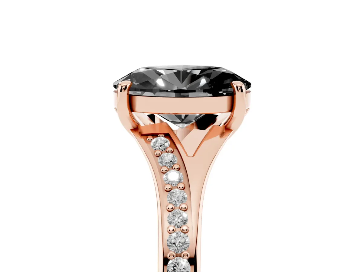 Fancy Black Oval Cut Diamond Solitaire Ring with Pavé Band and Prong Setting Rose gold