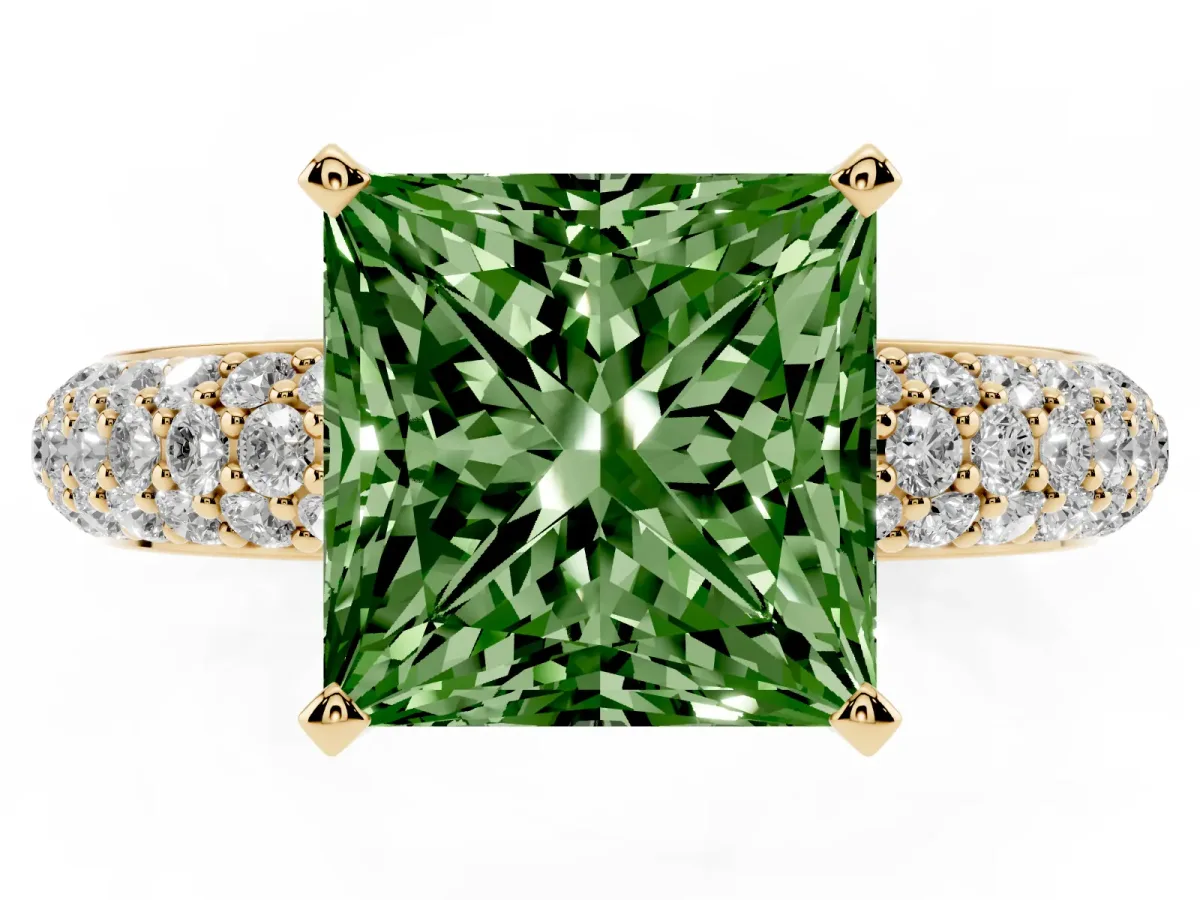 Fancy Green Princess Cut Diamond Solitaire Ring with Prong Setting and Pavé Band Yellow gold