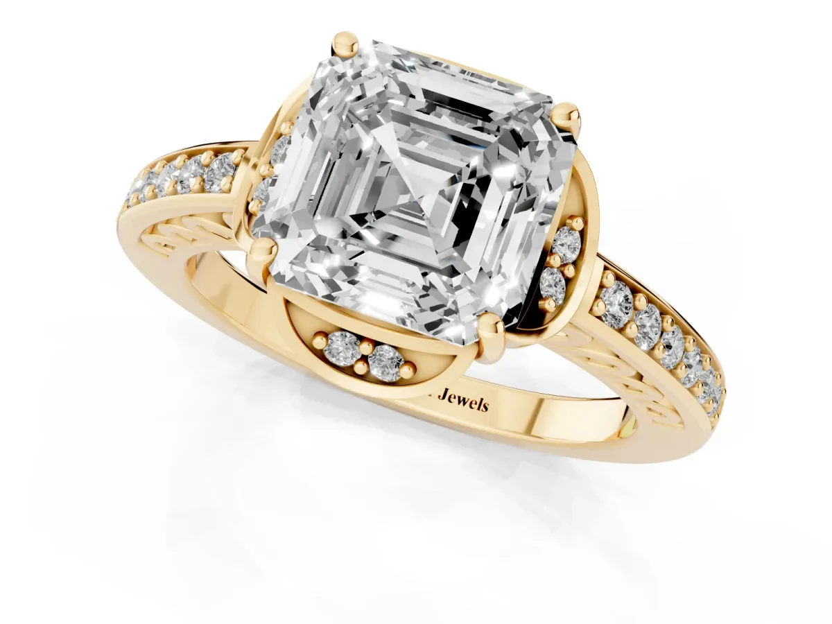 Asscher Cut Cut Halo Diamond Ring with Channel Set Band and Four-Prong Setting Yellow gold