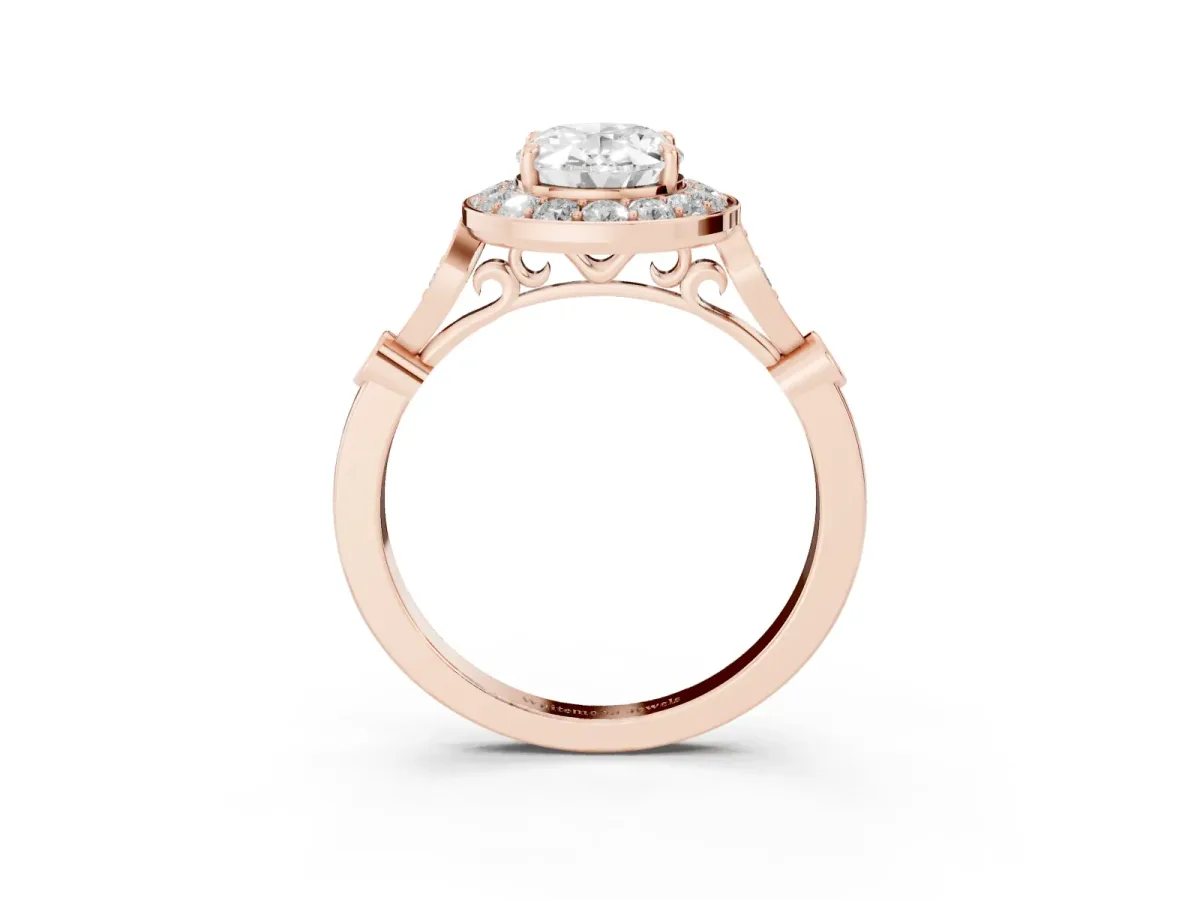 Oval Cut Halo Diamond Engagement Ring with Twisted Band and Four-Prong Setting Rose gold