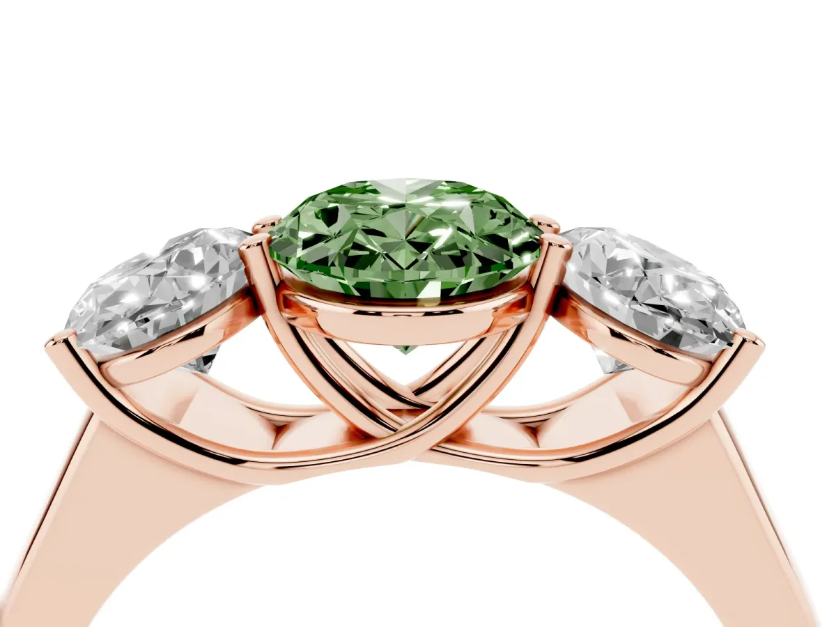 Fancy Green Oval Cut Three-Stone Diamond Ring with Prong Setting on a Classic Band Rose gold