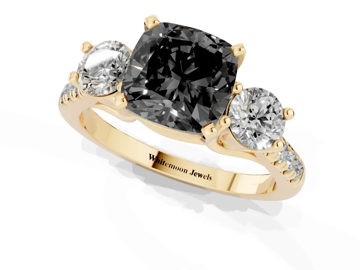 Fancy Black Three-Stone Cushion Cut Diamond Pavé Band with Four-Prong Setting Yellow gold