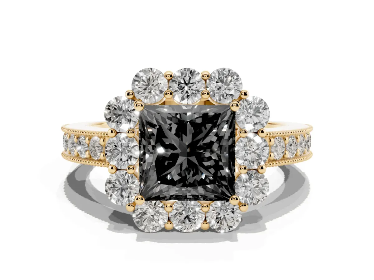 Fancy Black Princess Cut Cut Halo Diamond Pavé Engagement Ring with Milgrain Detailing Yellow gold