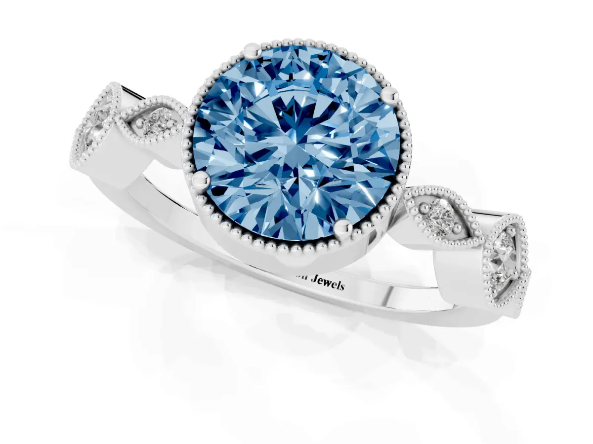 Fancy Blue Round Cut Diamond Vintage Milgrain Ring with Round Stations Silver