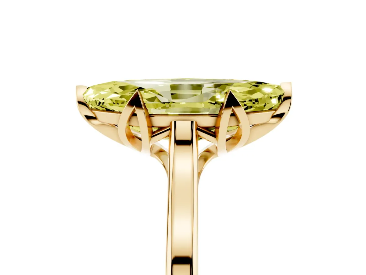 Fancy Yellow Marquise Cut Diamond Solitaire Ring with Flower Prong Setting and Classic Band Yellow gold