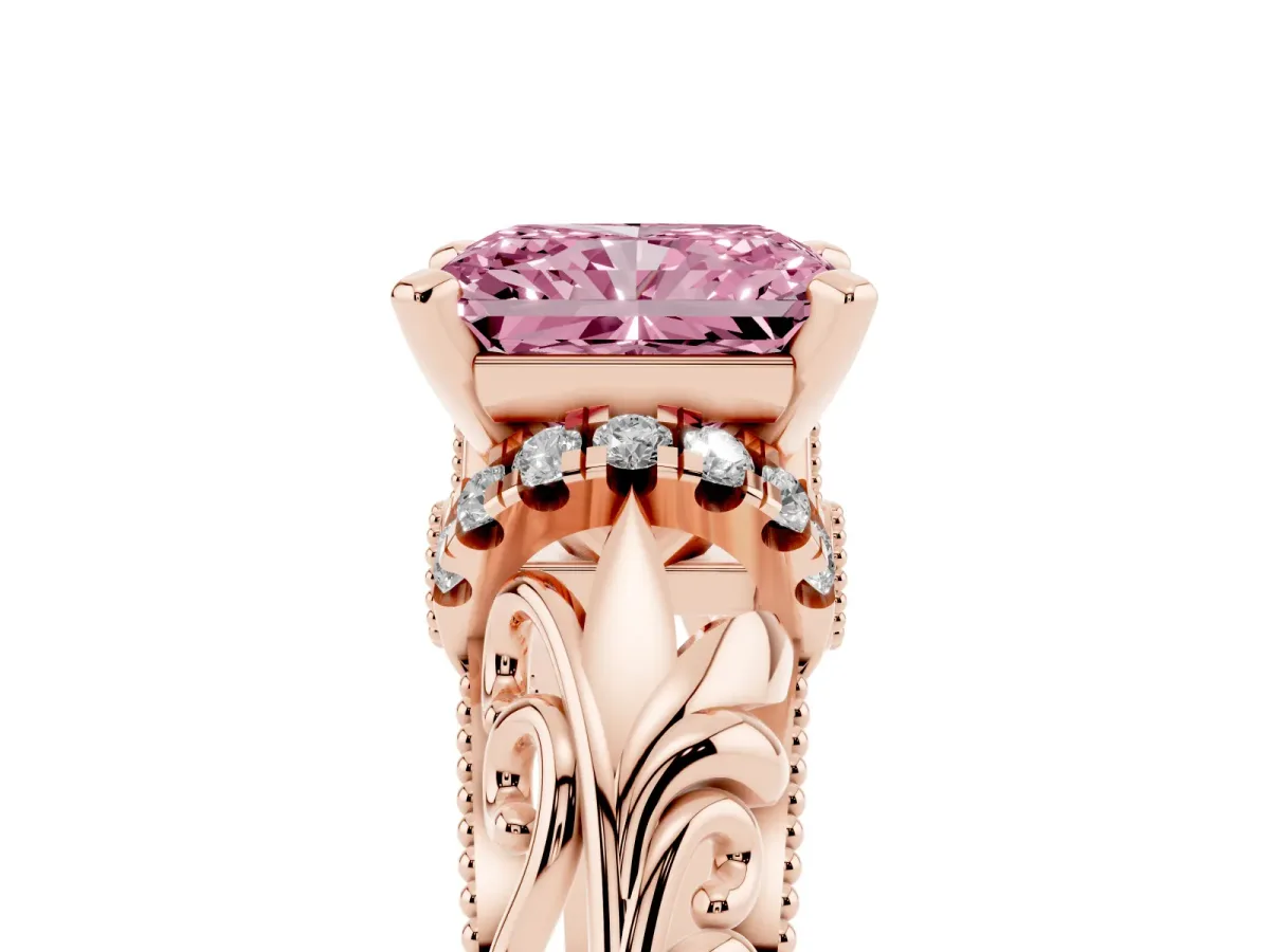 Fancy Pink Radiant Cut Solitaire Filigree Engagement Ring with Halo and Prong Setting Rose gold