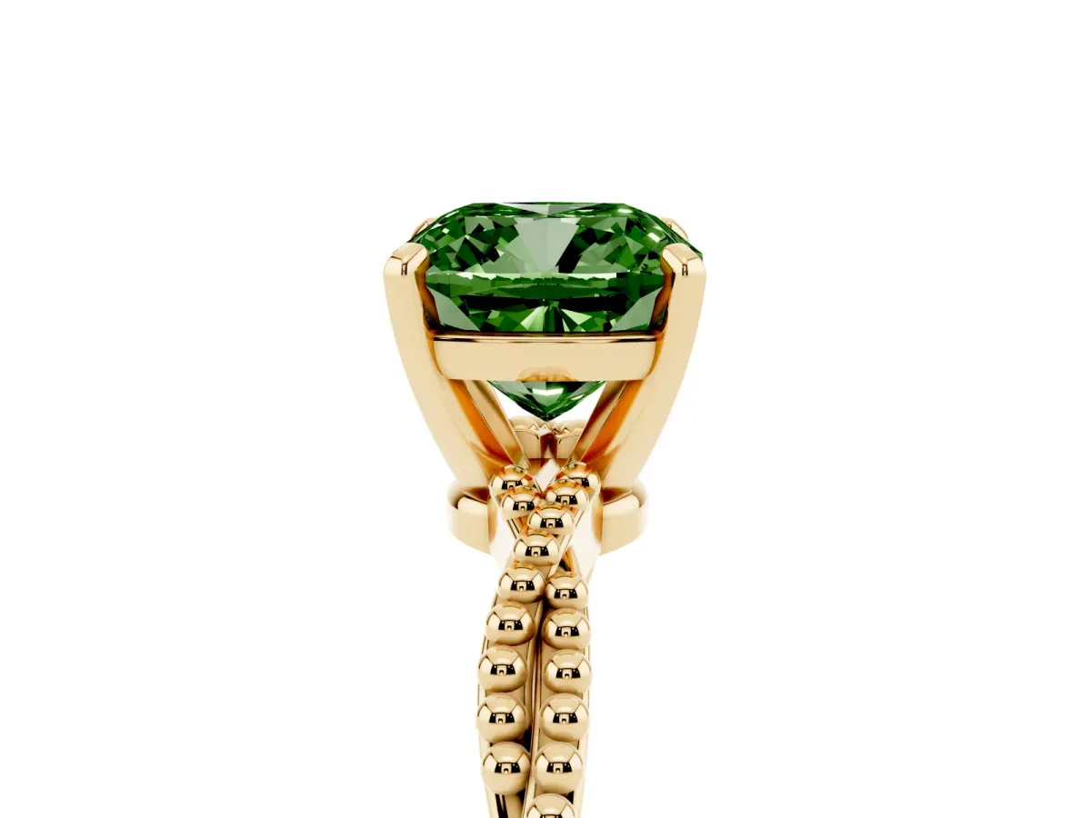 Fancy Green Cushion Cut Solitaire Twisted Band with Bead Prong Setting Yellow gold