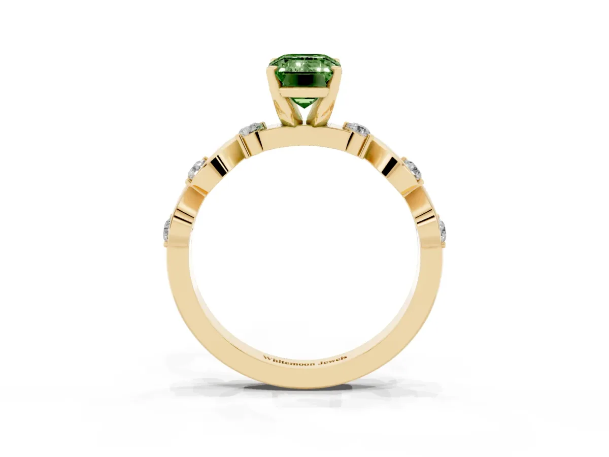 Fancy Green Emerald Cut Diamond Solitaire Twisted Band with Round Accents and Prong Setting Yellow gold