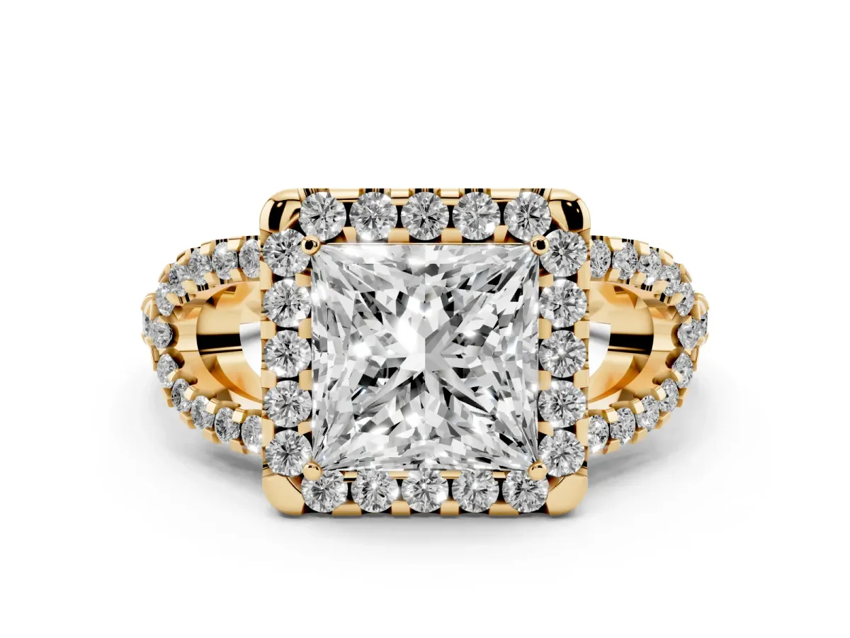 Princess Cut Cut Diamond Halo Engagement Ring with Open Split Pavé Band Yellow gold