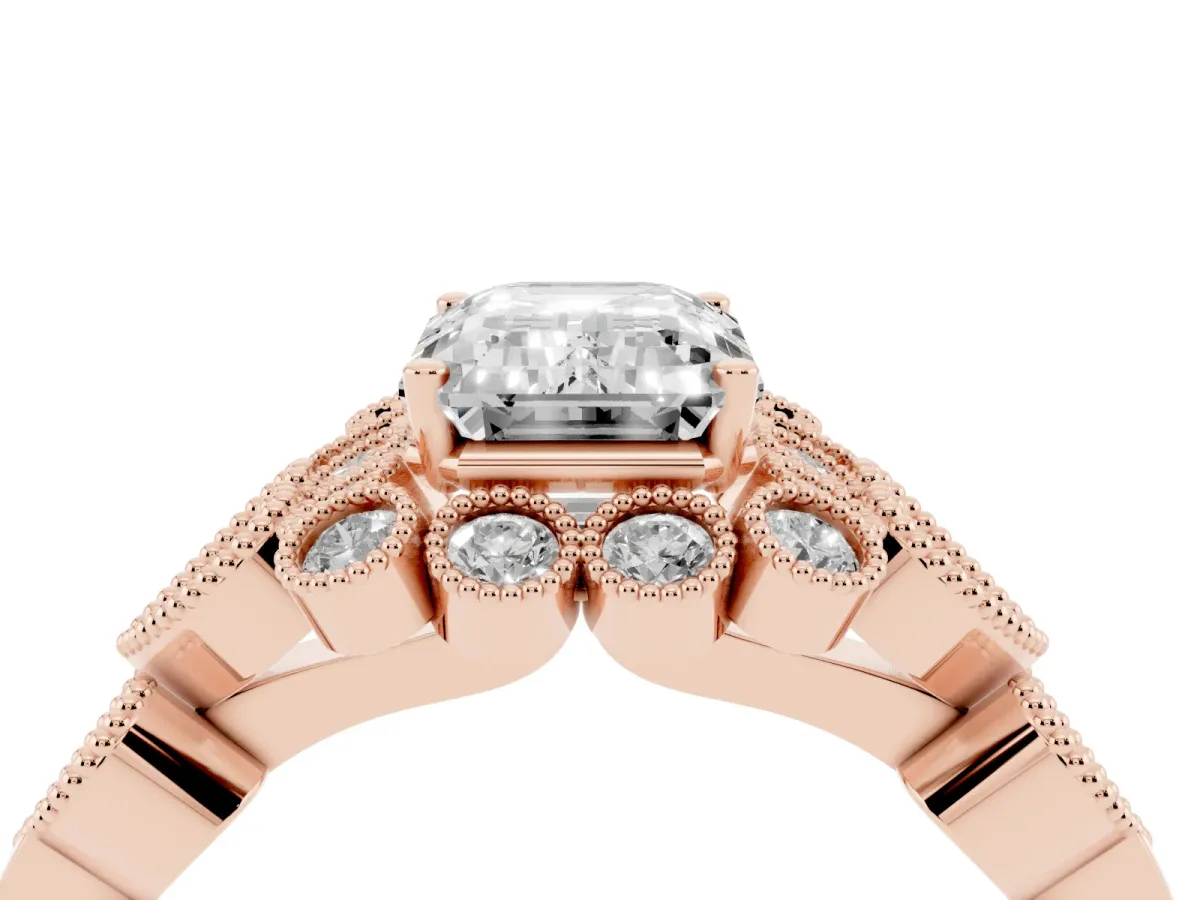 Emerald Cut Brilliant Milgrain Pave Heart Band Solitaire Ring Rose gold