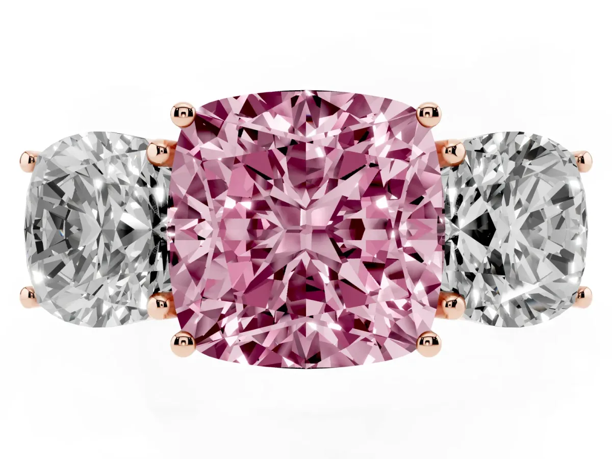 Fancy Pink Three-Stone Cushion Cut Diamond Braided Band Ring with Four-Prong Setting Rose gold