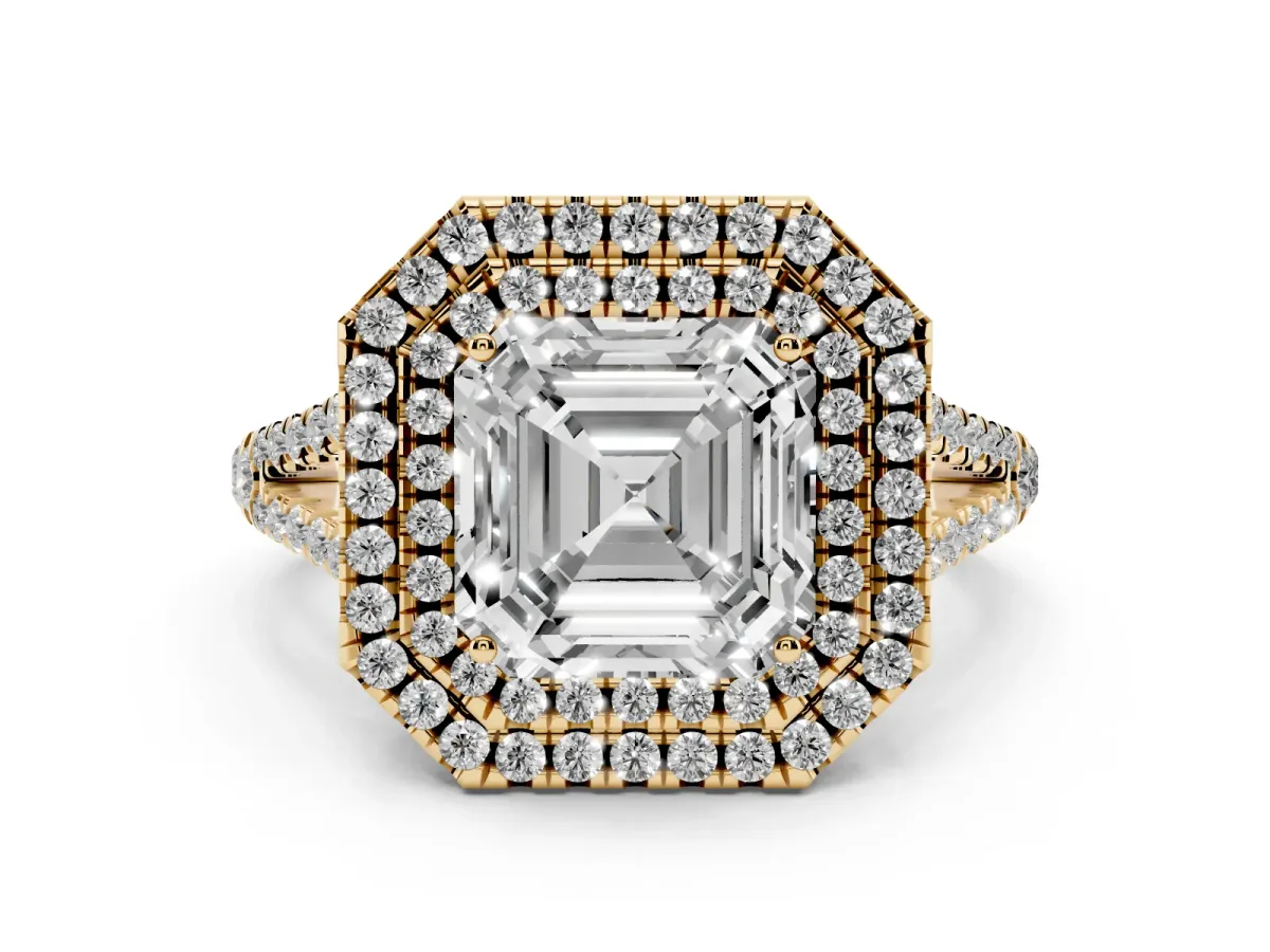 Asscher Cut Diamond Double Halo Ring with Pavé Band and Prong Setting Yellow gold